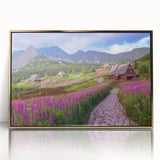 Framed wall art featuring a stunning valley landscape design with acrylic glass front, accented by a gold frame, perfect for home decor enhancement.