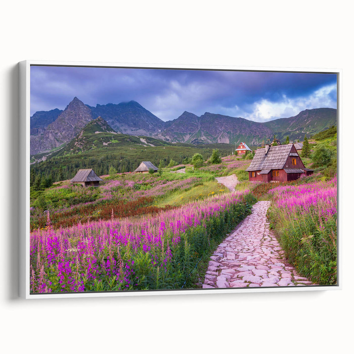 Framed canvas wall art showcasing a serene valley landscape design, featuring vibrant green hills and a tranquil blue sky, perfect for home decor.