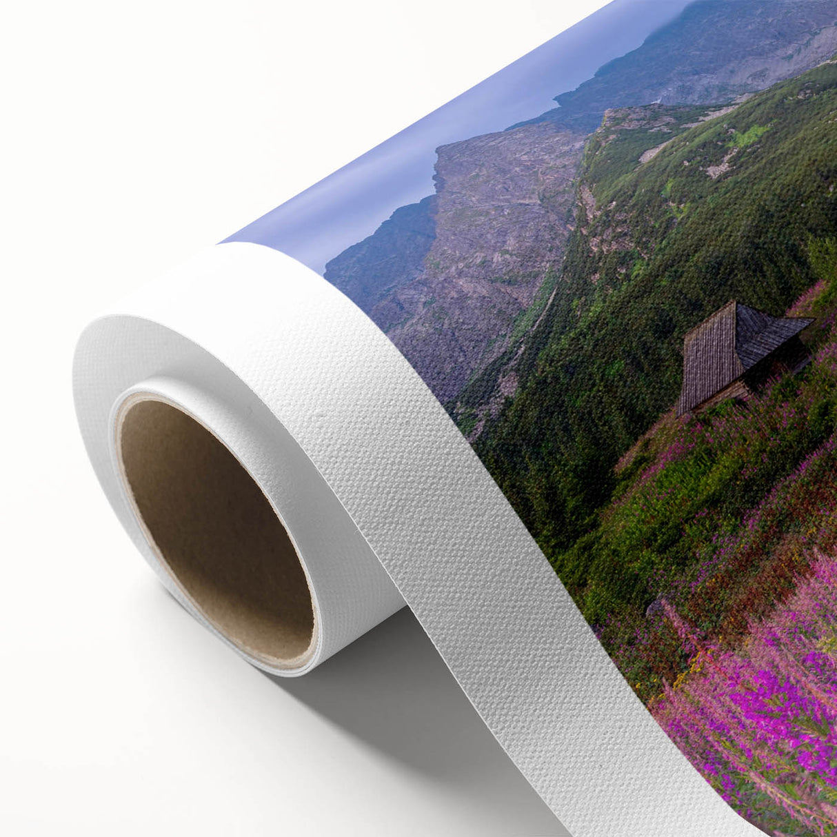Rolled canvas artwork showcasing a serene valley landscape design, featuring vibrant colors and intricate details, ideal for home decor and interior design.