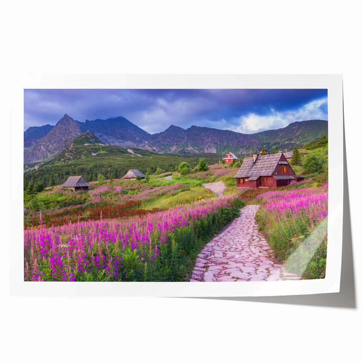 Vibrant landscape wall art design showcasing a serene valley scene with lush greenery and dramatic mountains, rolled for easy display and shipping. Perfect for nature lovers and home decor enthusiasts.