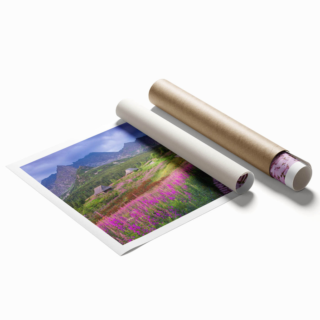 Rolled wall art print showcasing a serene valley landscape design with lush greenery and soft pastel colors, ideal for home decor or office styling. This high-quality print is designed to add a calming touch to any space.