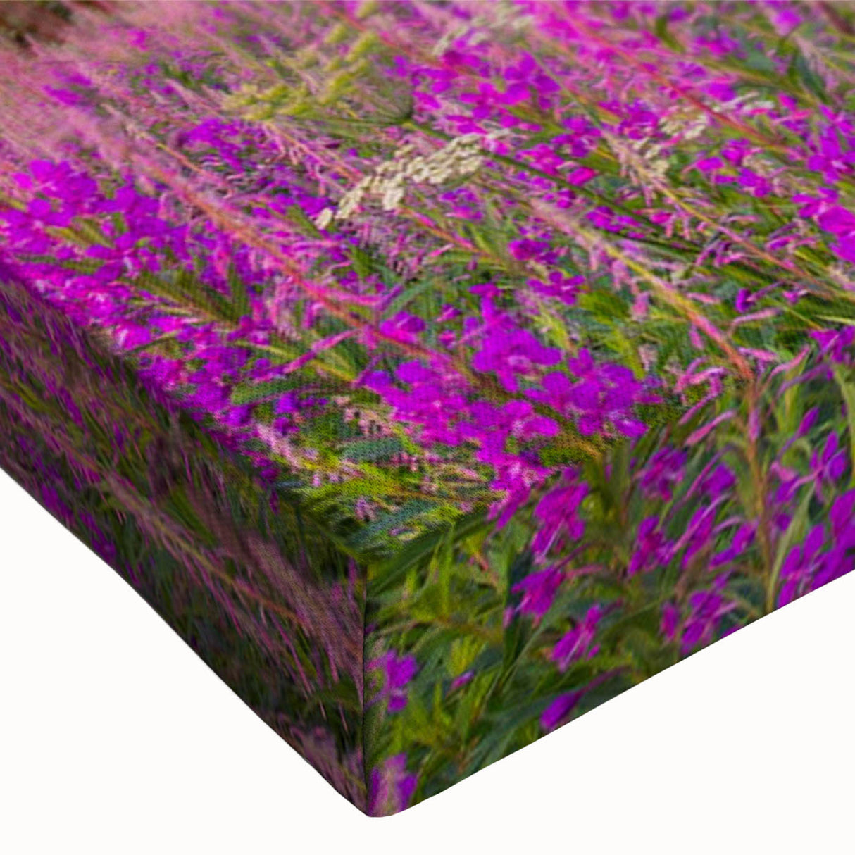 Close-up of a stretched canvas wall art piece showcasing a vibrant valley landscape design, highlighting rich colors and intricate details, perfect for home decor.