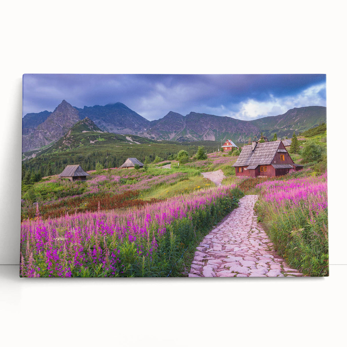 Stretched canvas wall art depicting a serene valley landscape with vibrant colors, perfect for home decor, showcasing natural beauty and tranquility.