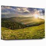 Acrylic wall art collection showcasing a vibrant valley landscape design, displayed in a sleek frame with decorative pins, emphasizing the artwork’s intricate details and vivid colors. Perfect for enhancing modern home decor with a touch of nature-inspired elegance.