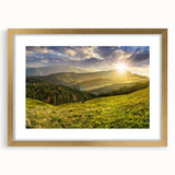 Valley landscape wall art framed in gold with a mat, showcasing vibrant colors and intricate details, perfect for enhancing home decor and ambiance.