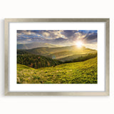 Framed silver wall art depicting a vibrant valley landscape, featuring intricate details and a modern mat design, perfect for enhancing home decor.