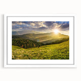 Framed wall art showcasing a serene landscape valley design with a white mat, perfect for home decor, emphasizing nature's tranquility and beauty.