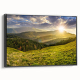 Framed canvas wall art showcasing a vibrant valley landscape design, featuring rich colors and intricate details, viewed from the side against a neutral background.