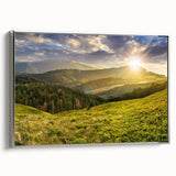 Framed canvas wall art depicting a serene landscape valley design, featuring soft green and blue hues with a silver frame, perfect for home decor enhancement.