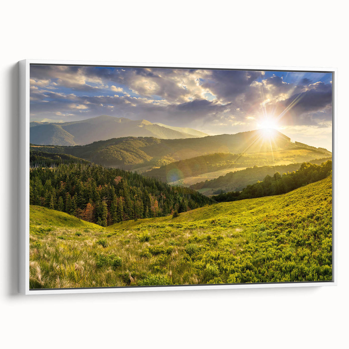Framed canvas wall art depicting a serene valley landscape design; features lush greens and soft blues, enhancing modern home decor with a calming aesthetic.
