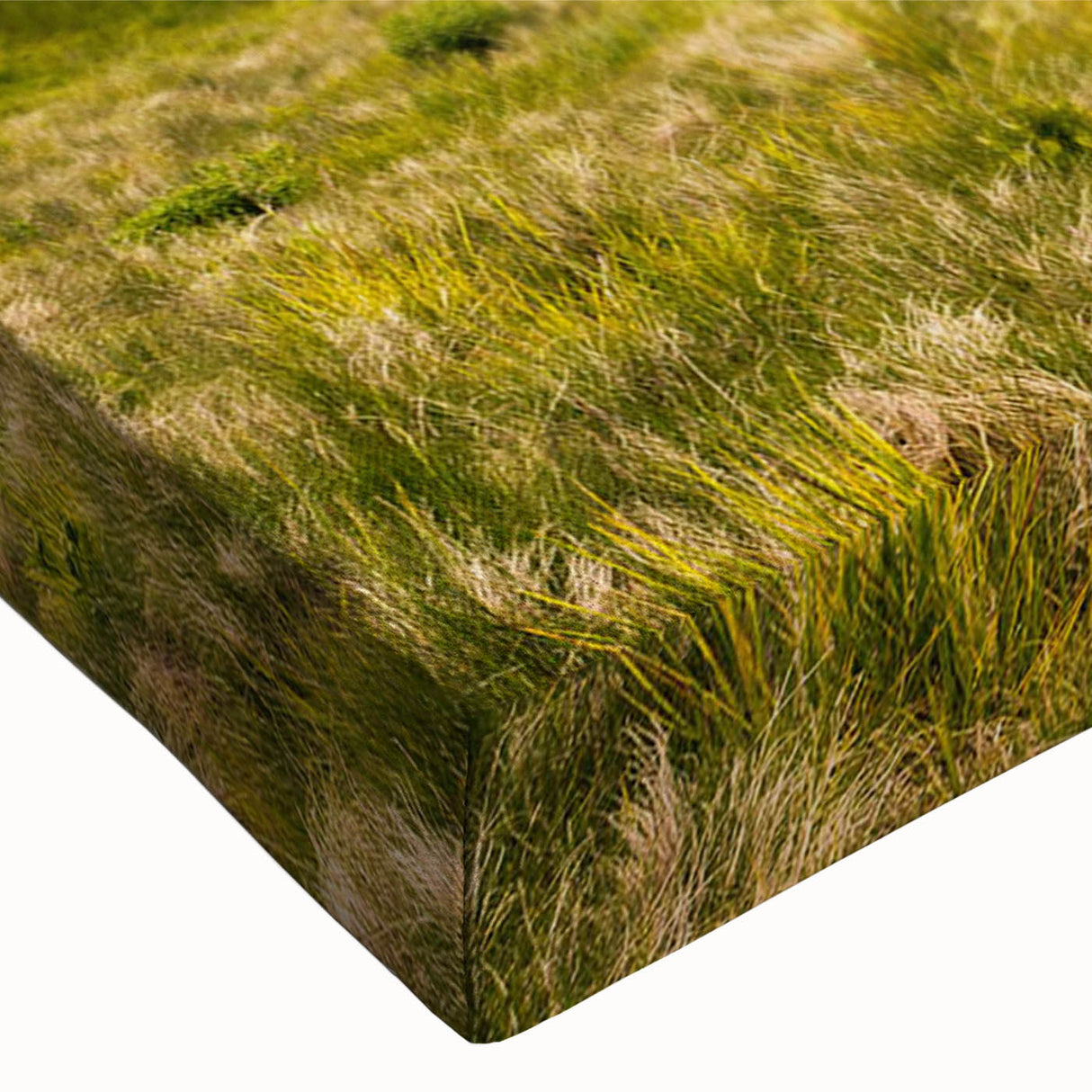 Close-up of a stretched canvas wall art piece showcasing a vibrant valley landscape design, featuring rich green hues, intricate details, and a tranquil atmosphere, perfect for home decor.