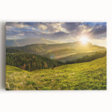 Stretched canvas wall art featuring a vibrant valley landscape design, showcasing lush greenery and serene blue skies, ideal for enhancing home decor and creating a tranquil atmosphere.
