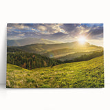 Stretched canvas wall art showcasing a vibrant valley landscape design in rich greens and blues, leaning against a wall, perfect for modern home decor.