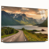 Acrylic glass wall art showcasing a serene valley landscape design, viewed from the side with mounting pins, ideal for home decor and modern interiors.