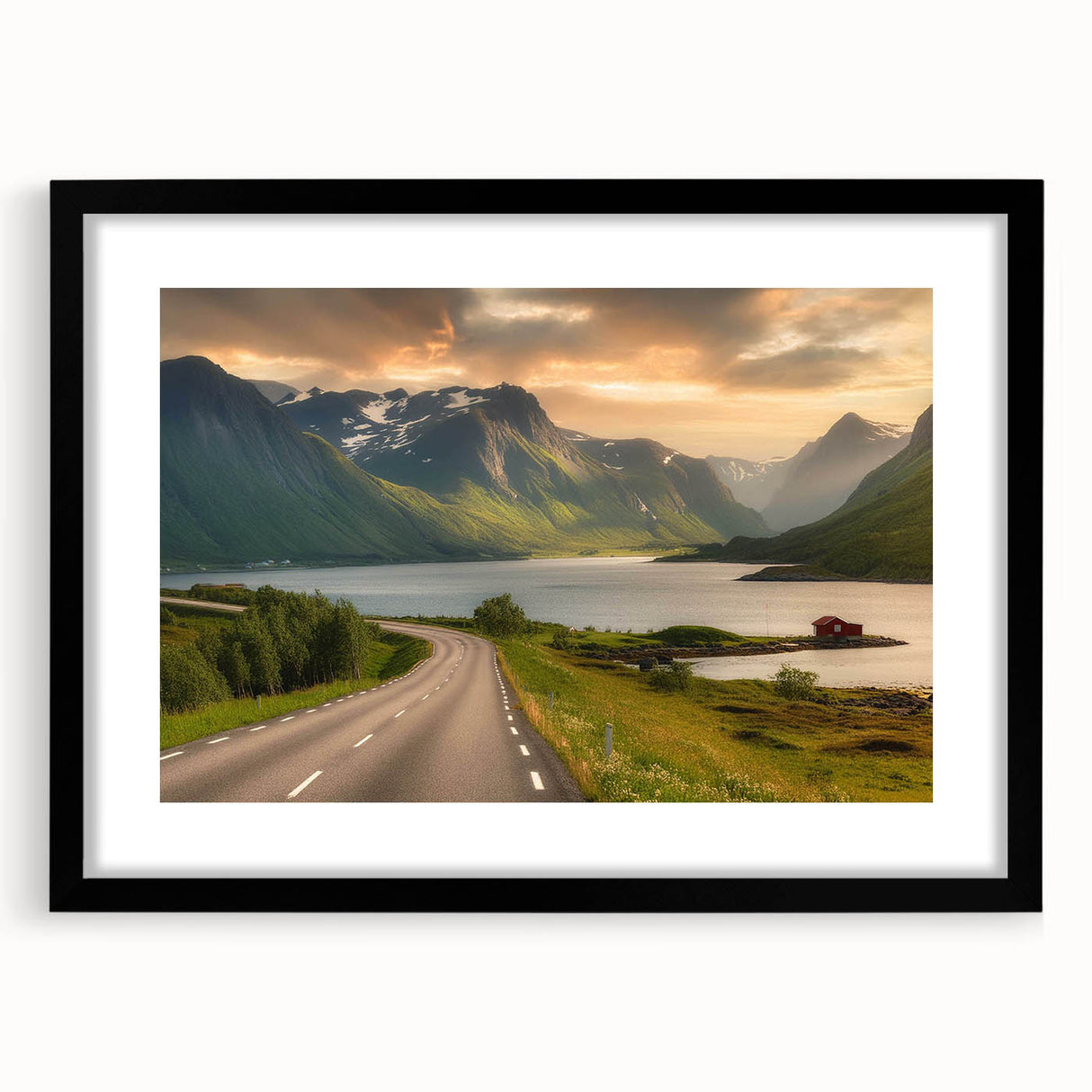 Framed wall art showcasing a serene landscape design with a black frame and mat, perfect for enhancing modern home decor and wall aesthetics. The artwork features vibrant colors and intricate details that evoke a sense of tranquility and nature.