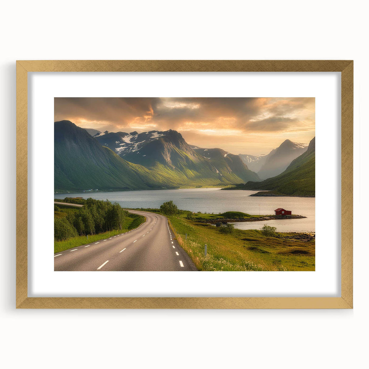 Framed gold mat wall art featuring a serene valley landscape design, showcasing vibrant colors and intricate details, perfect for home decor.
