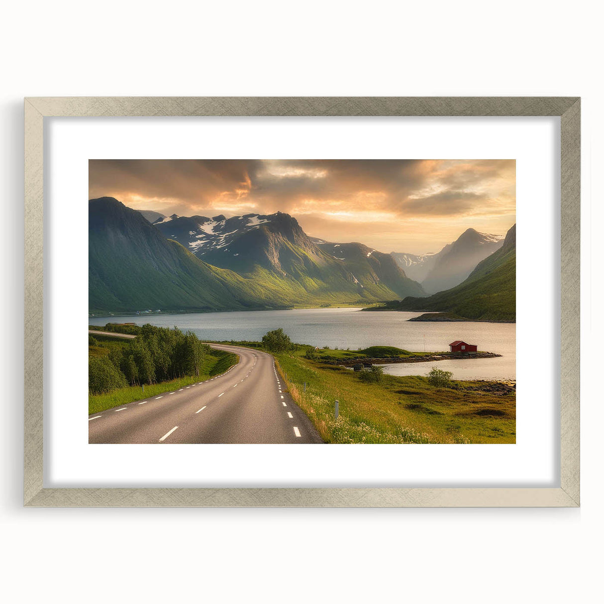 Framed silver wall art featuring a serene valley landscape design, elegantly matted for enhanced presentation, perfect for modern home decor.