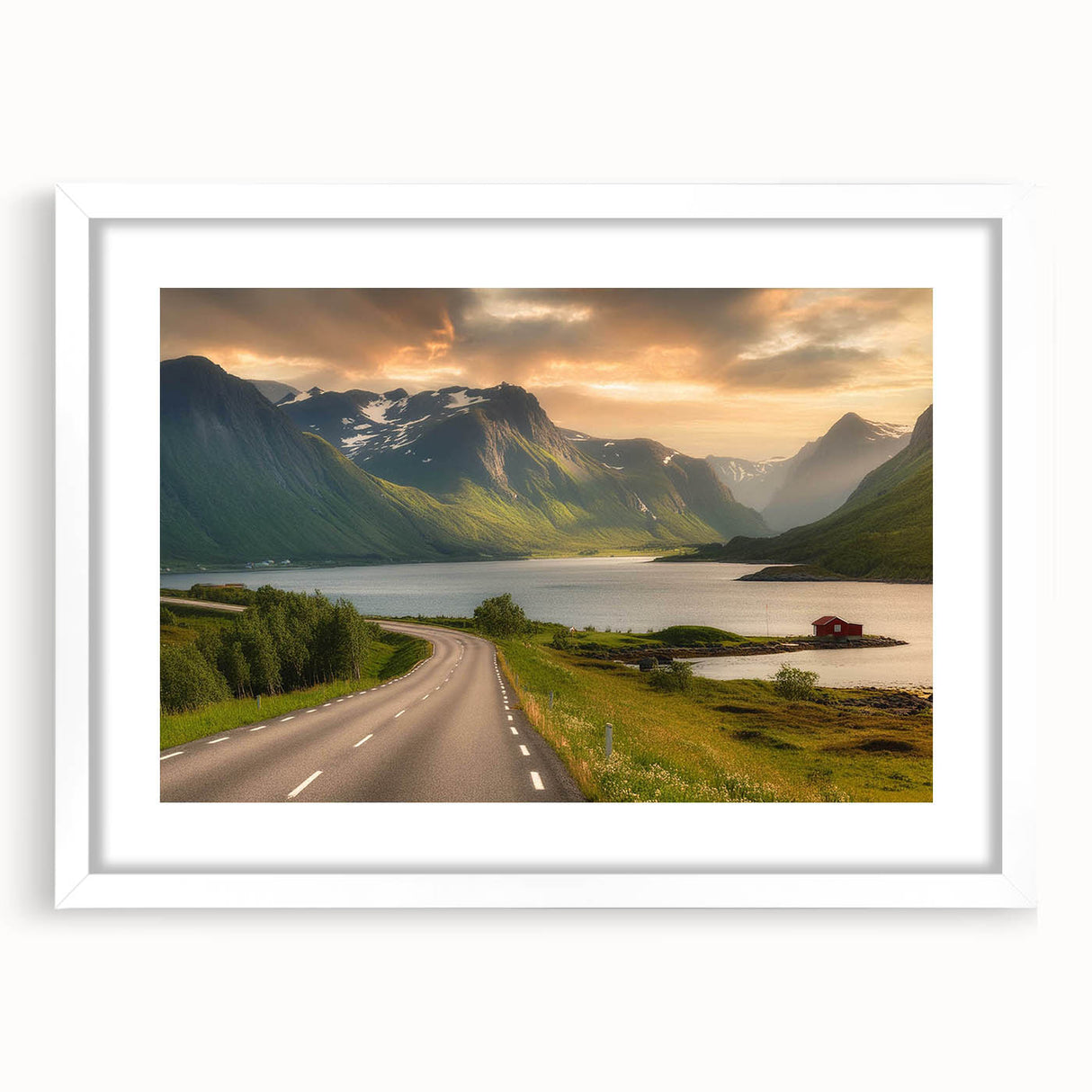 Framed landscape wall art featuring a serene valley design, presented in a white mat, ideal for enhancing home decor with natural beauty and tranquility.