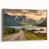 Framed canvas wall art showcasing a serene valley landscape with vibrant colors and gold accents, ideal for modern home decor, side view displaying elegant framing.