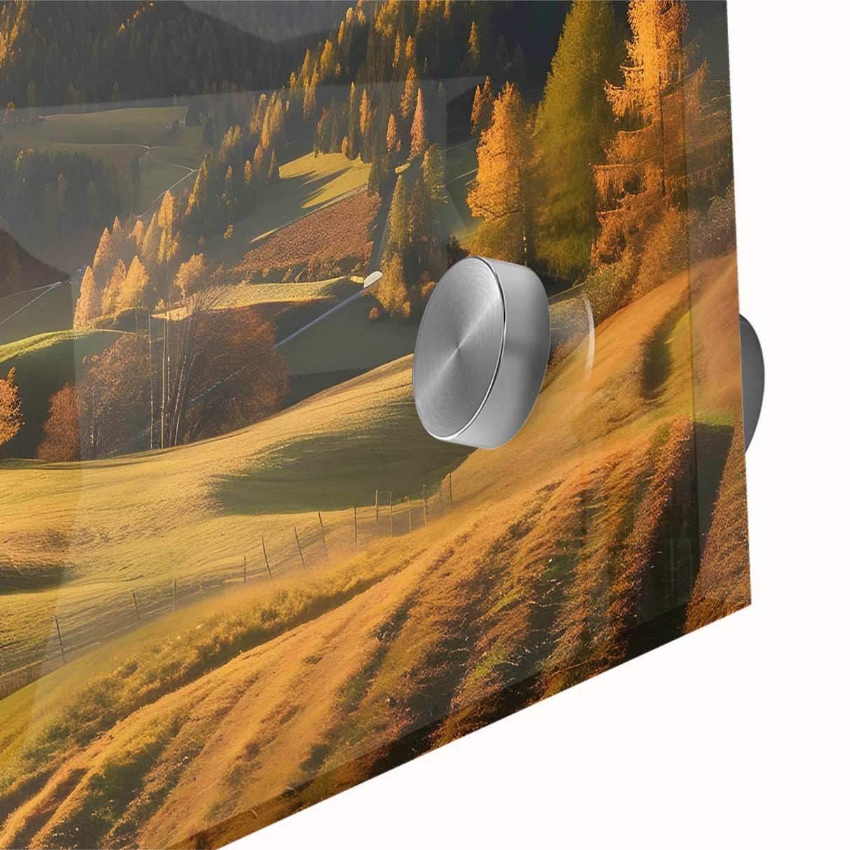 Close-up of a vibrant acrylic glass artwork showcasing a serene valley landscape, featuring lush greenery and soft, blended colors, ideal for home decor.