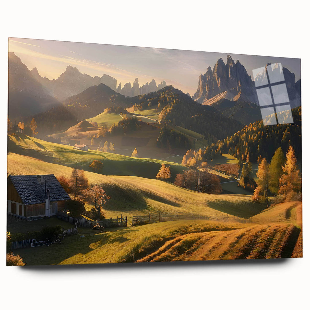 Acrylic wall art collection showcasing a vibrant valley landscape design, viewed from the side without pins, featuring rich colors and intricate details, perfect for home decor.