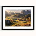 Framed wall art depicting a serene valley landscape design, featuring a black frame and mat, perfect for enhancing home decor with nature-inspired aesthetics. This piece combines tranquility and style, making it an ideal addition to living spaces or offices.