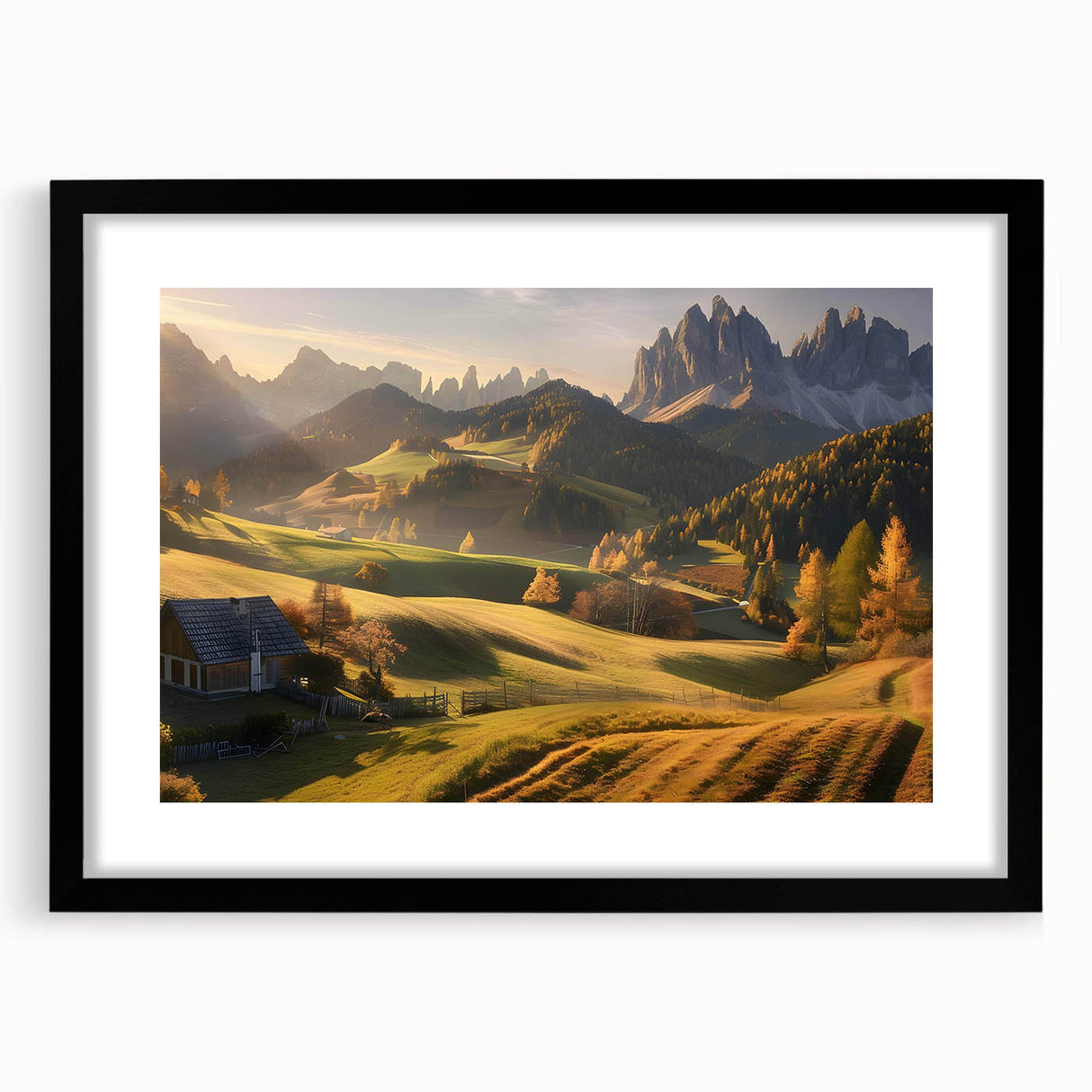 Framed wall art depicting a serene valley landscape design, featuring a black frame and mat, perfect for enhancing home decor with nature-inspired aesthetics. This piece combines tranquility and style, making it an ideal addition to living spaces or offices.