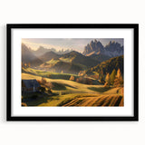 Framed wall art depicting a serene valley landscape design, featuring a black frame and mat, perfect for enhancing home decor with nature-inspired aesthetics. This piece combines tranquility and style, making it an ideal addition to living spaces or offices.