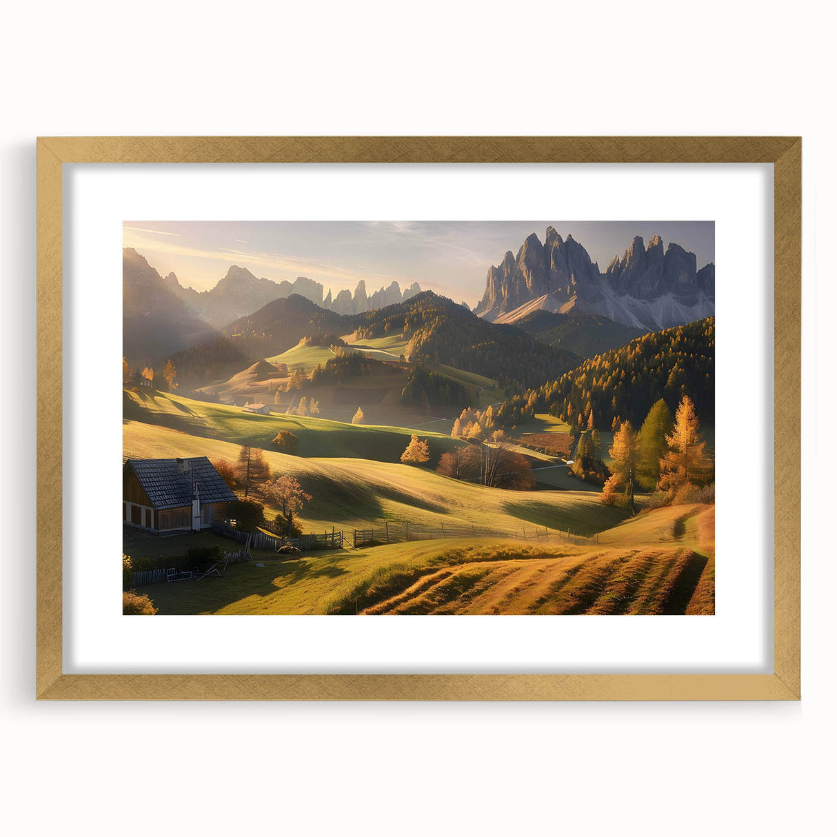 Framed wall art depicting a serene valley landscape with gold accents, featuring a textured mat and elegant frame, perfect for enhancing home decor.