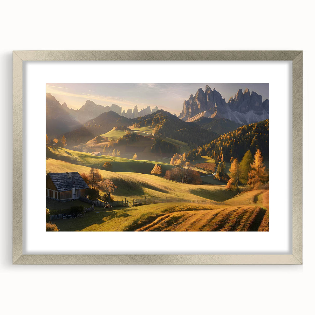 Framed wall art featuring a stunning landscape design of a serene valley, highlighted by a silver matte frame, ideal for enhancing home decor with natural beauty.