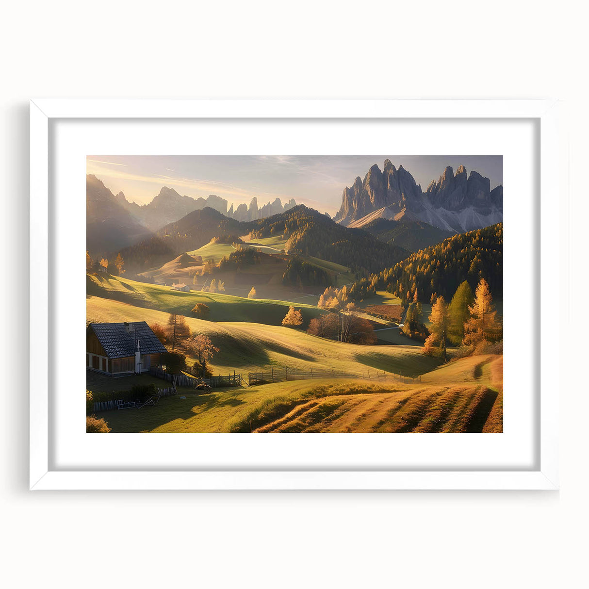 Framed wall art piece showcasing a serene valley landscape design, featuring a white mat and sleek frame, perfect for enhancing home decor aesthetics. This artwork captures the tranquil beauty of nature, making it ideal for living spaces or offices.