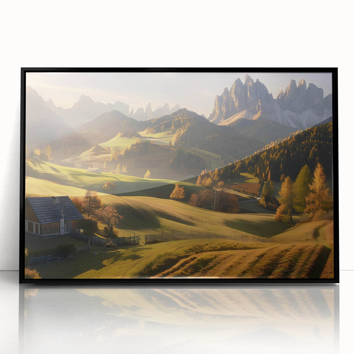 Framed acrylic wall art showcasing a serene valley landscape design with vibrant colors, displayed in a sleek black frame, perfect for modern home decor.