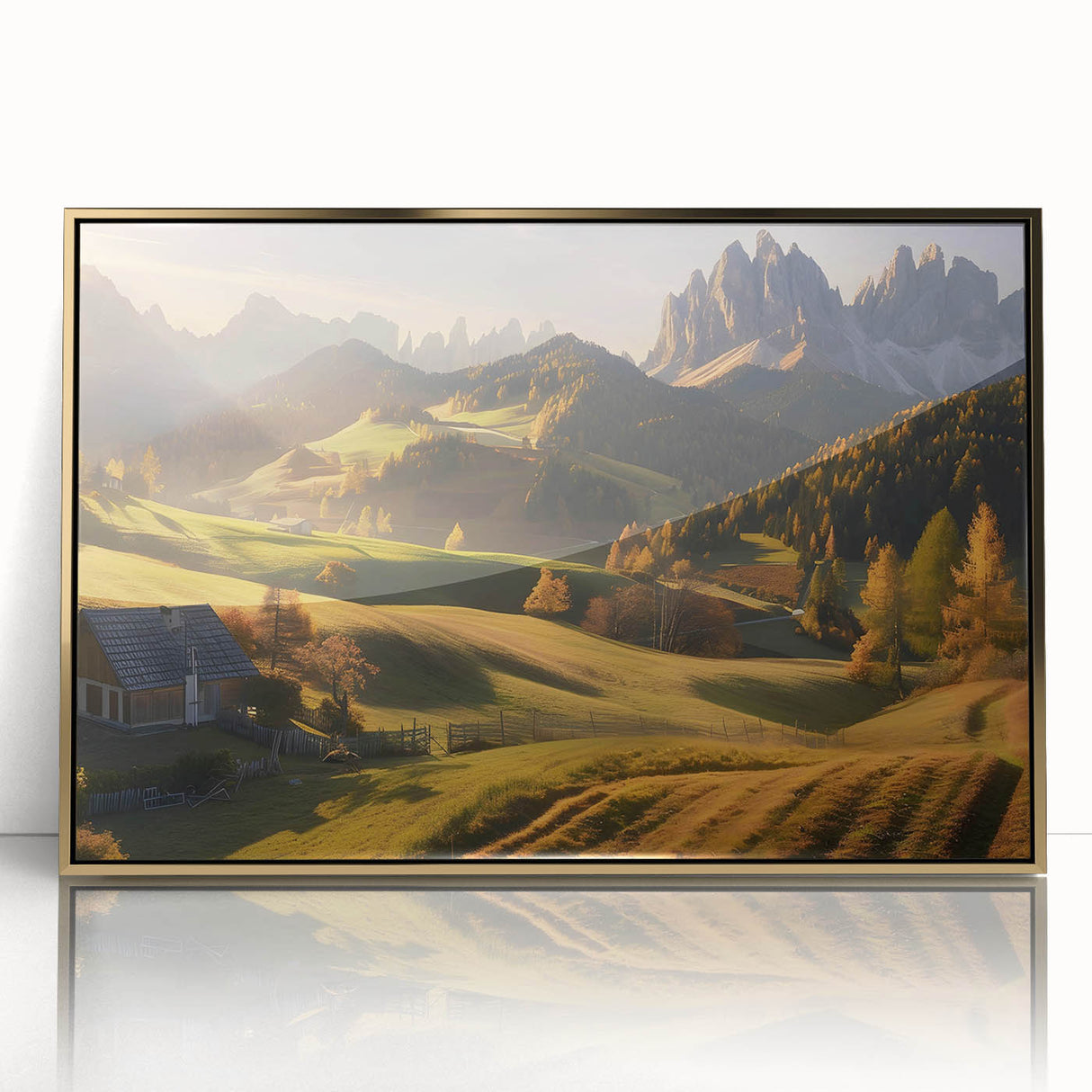 Framed acrylic wall art showcasing a stunning valley landscape design with gold accents, ideal for modern home decor. Perfect for adding elegance to any room.