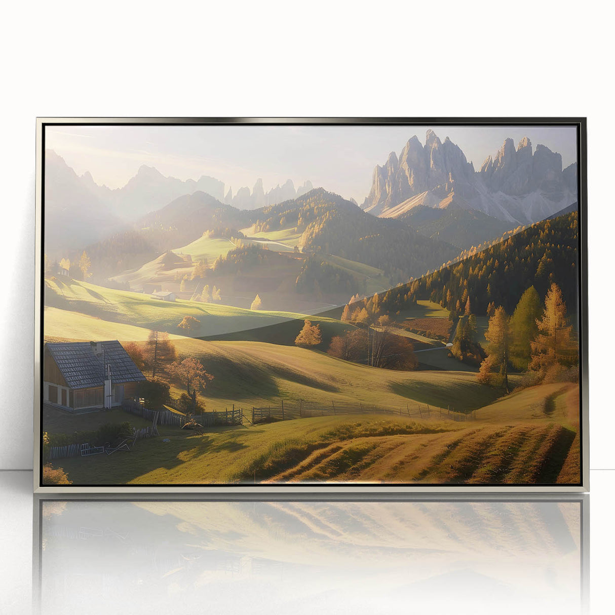 Framed acrylic wall art showcasing a stunning valley landscape with vibrant colors and intricate details, perfect for enhancing modern home decor.