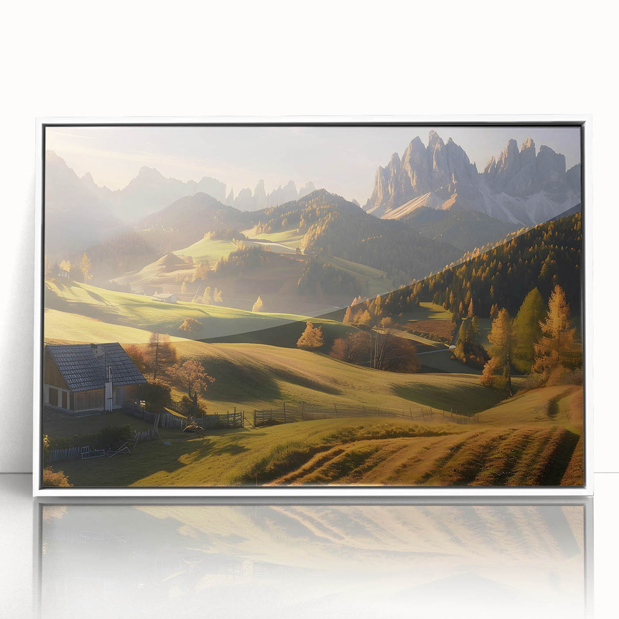 Framed acrylic wall art featuring a serene valley landscape design in a white frame, ideal for enhancing home decor with natural beauty and tranquility.