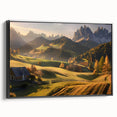 Framed canvas wall art showcasing a stunning valley landscape design in a black frame, highlighting vibrant colors and intricate details, perfect for home decor.