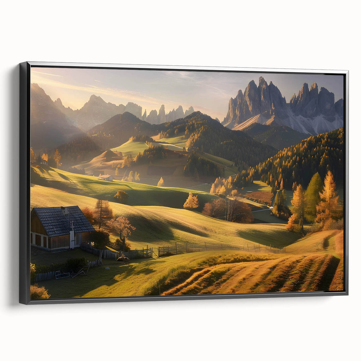 Framed canvas wall art showcasing a stunning valley landscape design in a black frame, highlighting vibrant colors and intricate details, perfect for home decor.