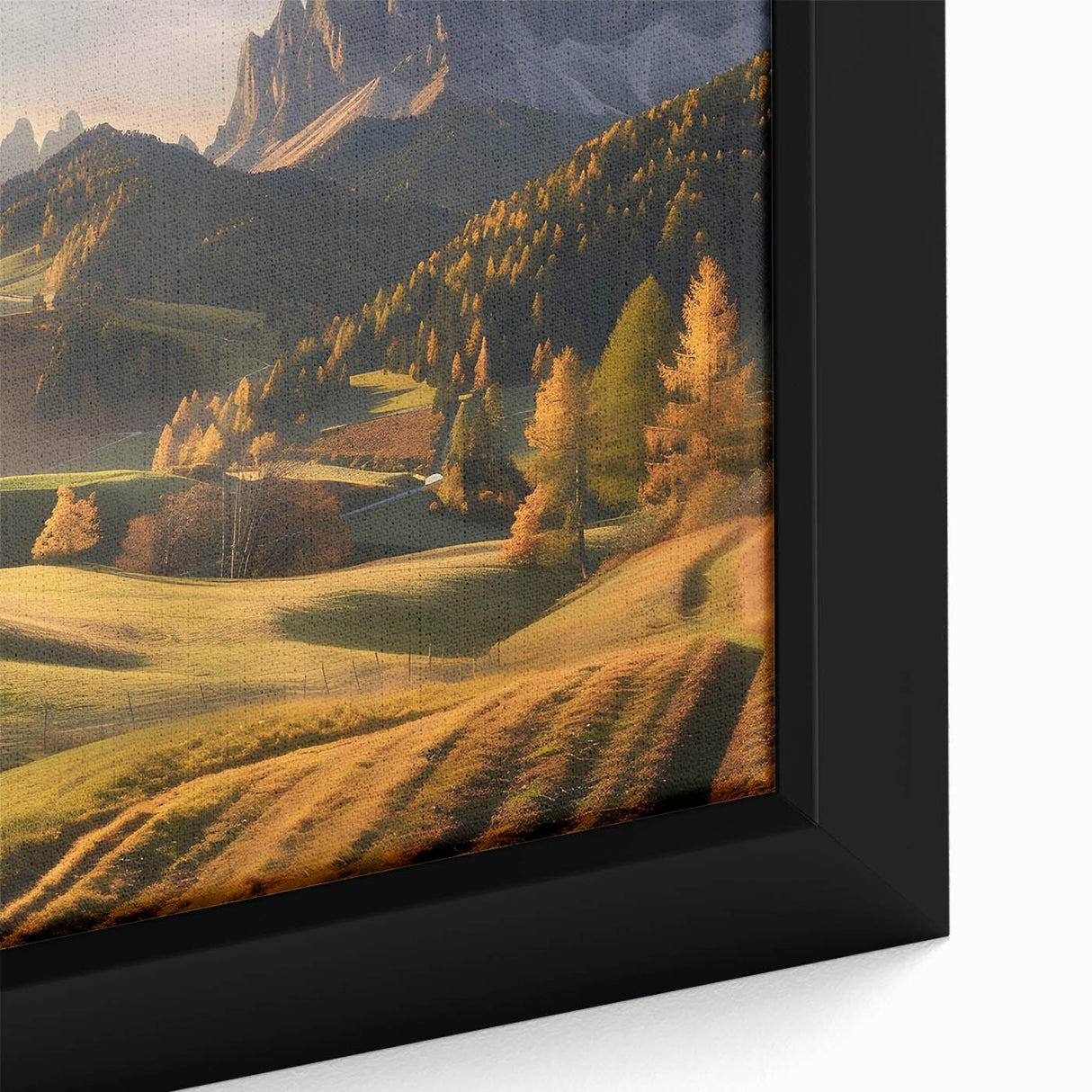 Framed canvas wall art showcasing a vibrant valley landscape design with rich colors and intricate details, perfect for enhancing home decor and artistic ambiance.