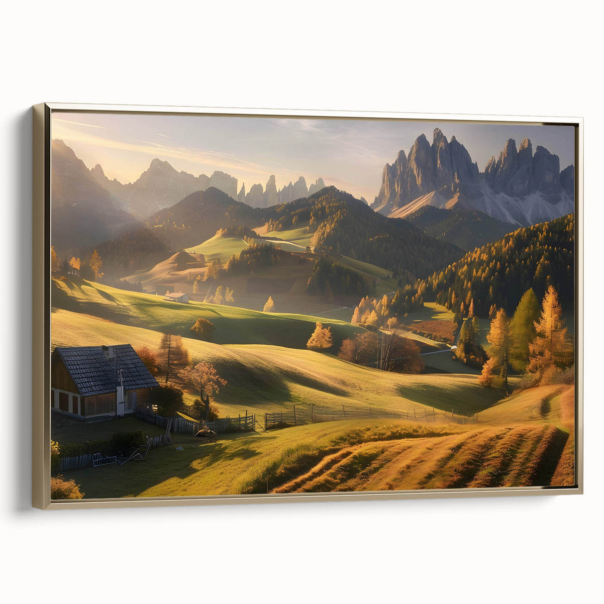Framed wall art featuring a serene landscape valley design in soft gold tones, showcasing a side view of the canvas with a modern aesthetic, perfect for home decor.