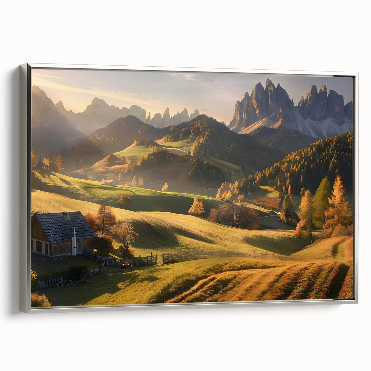 Framed canvas wall art showcasing a serene valley landscape in muted tones, elegantly displayed with a silver frame, perfect for modern home decor.