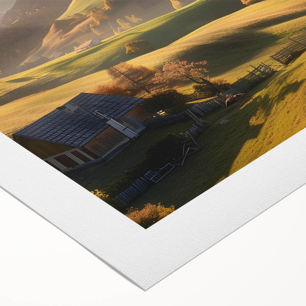Rolled canvas showcasing a vibrant landscape valley design with rich colors, ideal for home decor; elegantly packaged in a protective cardboard tube.