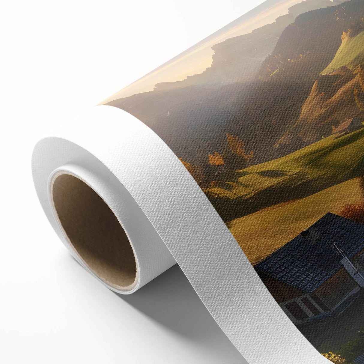 Rolled canvas artwork showcasing a vibrant valley landscape design, featuring rich earthy tones and intricate details, ideal for home decor. Packaged securely in a protective tube for safe delivery.