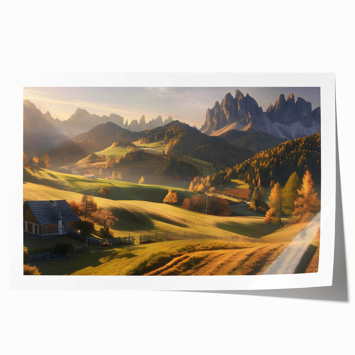 Vibrant rolled print showcasing a serene valley landscape with lush greenery and a clear blue sky, perfect for enhancing home decor or office spaces.