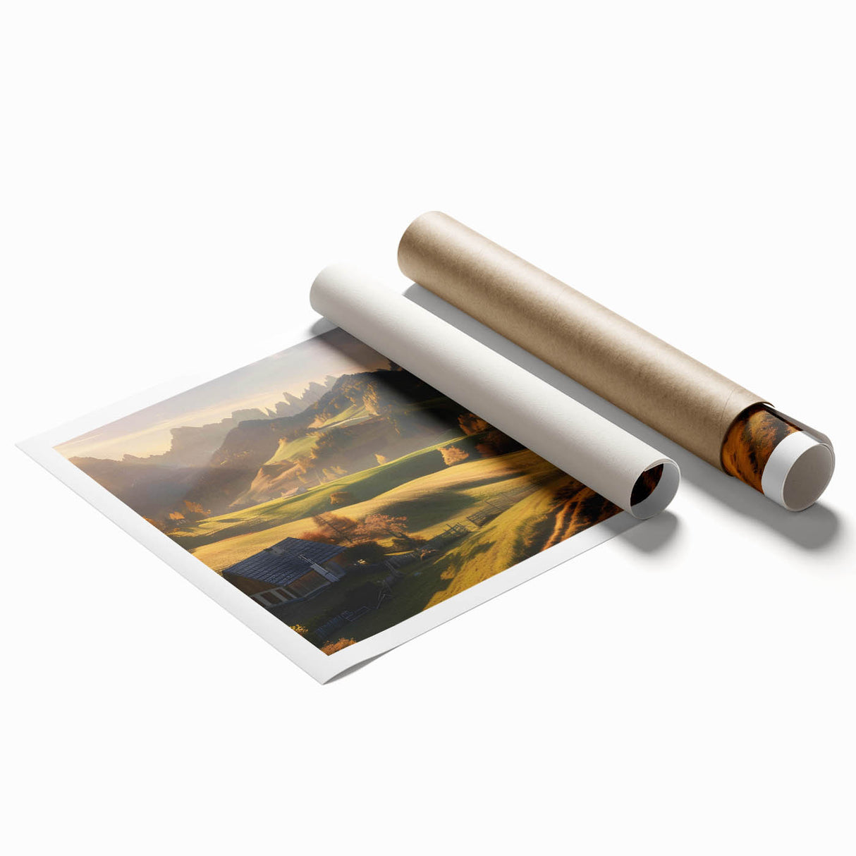 Rolled print of a serene valley landscape featuring lush greenery and soft blue skies, designed for wall art decor, highlighting nature's beauty and tranquility.