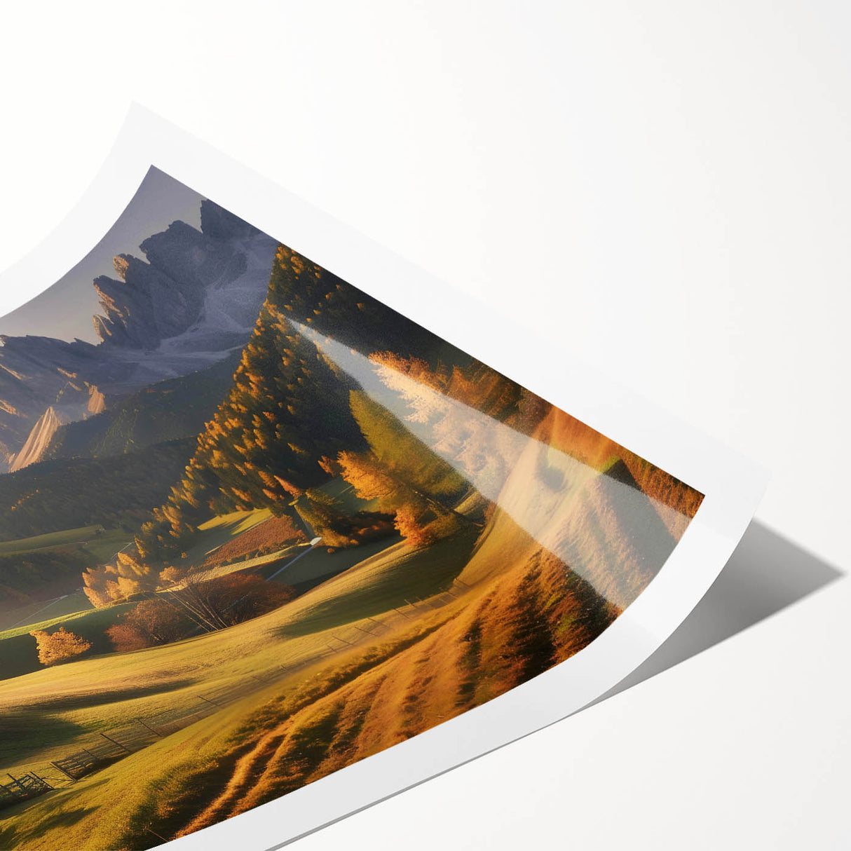 Stunning rolled print of a serene valley landscape, showcasing vibrant colors and intricate details. Perfect for home decor, this art piece adds a tranquil touch to any room.