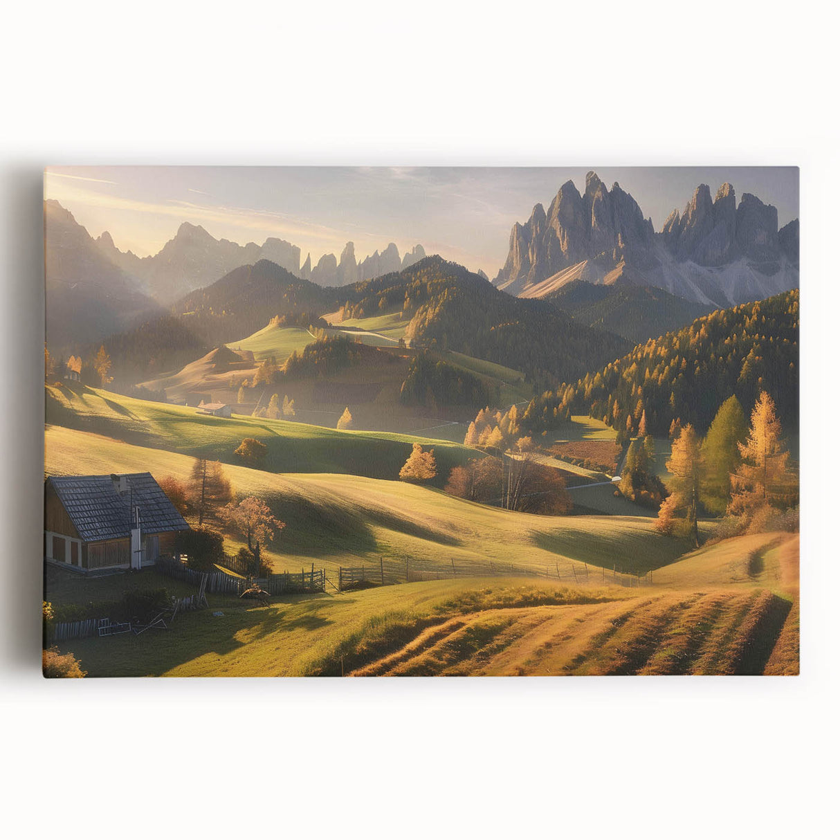 Stretched canvas wall art featuring a serene valley landscape design with vibrant colors and detailed textures, perfect for enhancing home decor.
