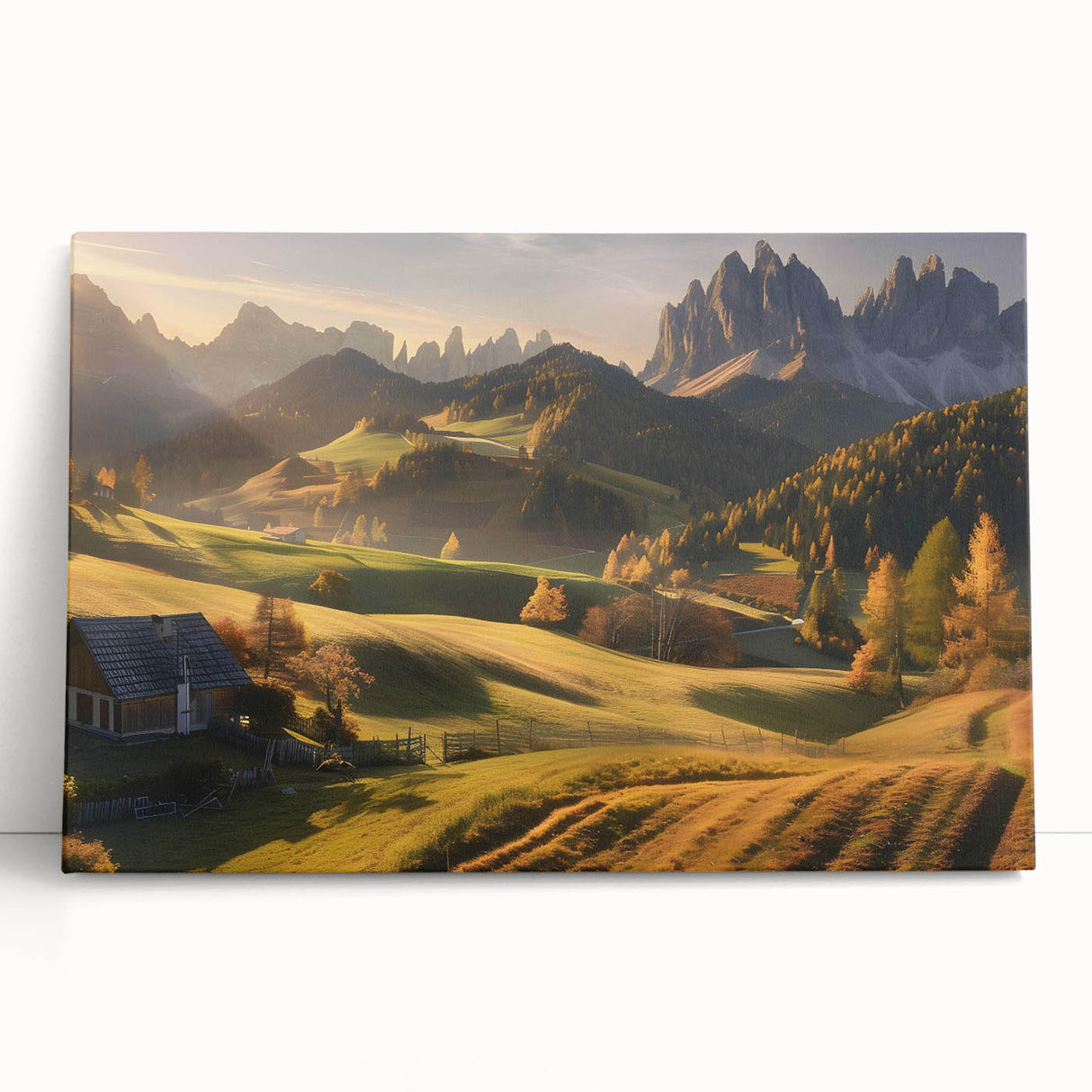 Stretched canvas wall art displaying a serene valley landscape, featuring rich greens and blues, leaning against a neutral wall, ideal for home decor.