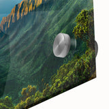 Close-up of a vibrant acrylic glass wall art piece showcasing a serene valley landscape, highlighting rich colors and intricate details, perfect for home decor.