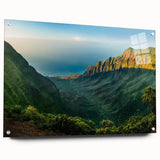 Acrylic glass wall art featuring a vibrant landscape valley design, showcasing lush greenery and a serene atmosphere, elegantly displayed with pins for hanging.