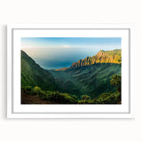 Framed wall art depicting a serene valley landscape, featuring vibrant greens and blues, with a white mat and sleek frame, perfect for home decor.